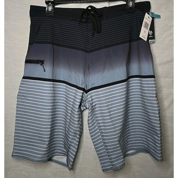 Mens Burnside Blue/Gray Striped Swim Trunks Stretch Shorts Size 32, Inseam 9" - Picture 1 of 10